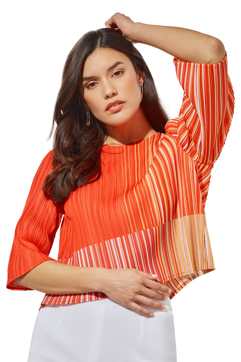 Stripe Plissé Elbow Sleeve Top, Alternate, color, FLAME STRIPE