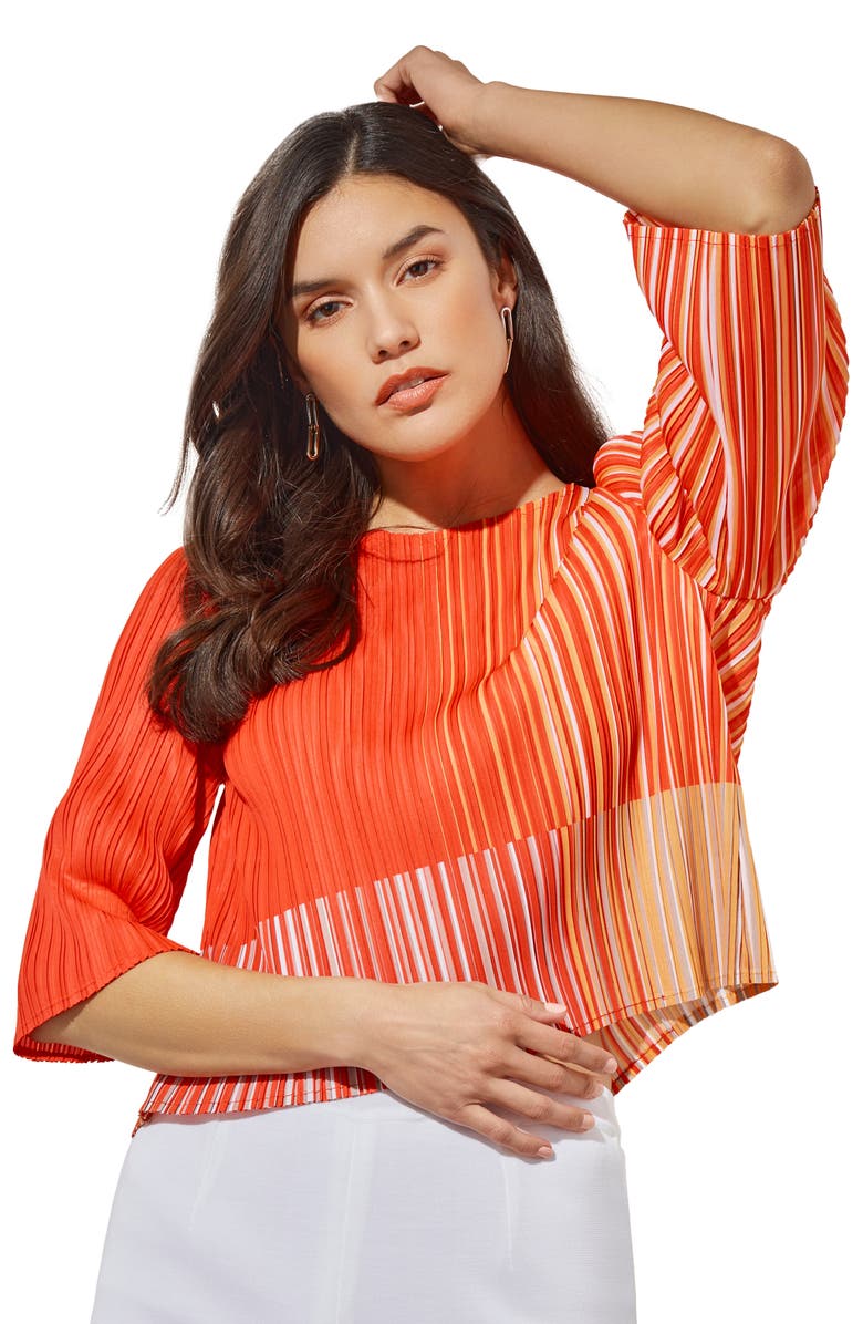 Ming Wang Stripe Plissé Elbow Sleeve Top, Alternate, color, Flame Stripe