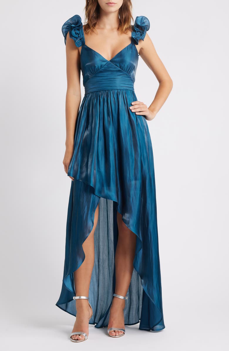 Lulus Juni Ruffle Shoulder High-Low Gown, Main, color, Marine