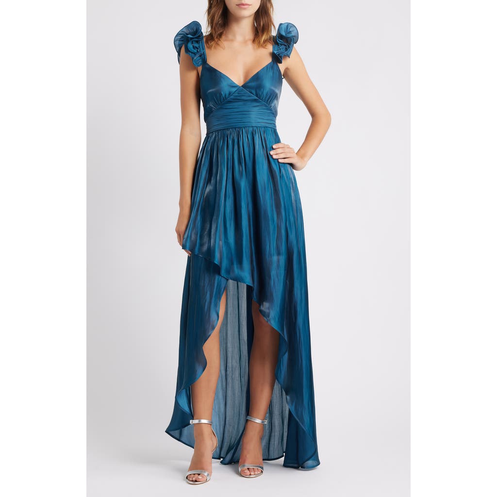 Lulus Juni Ruffle Shoulder High-low Gown In Blue