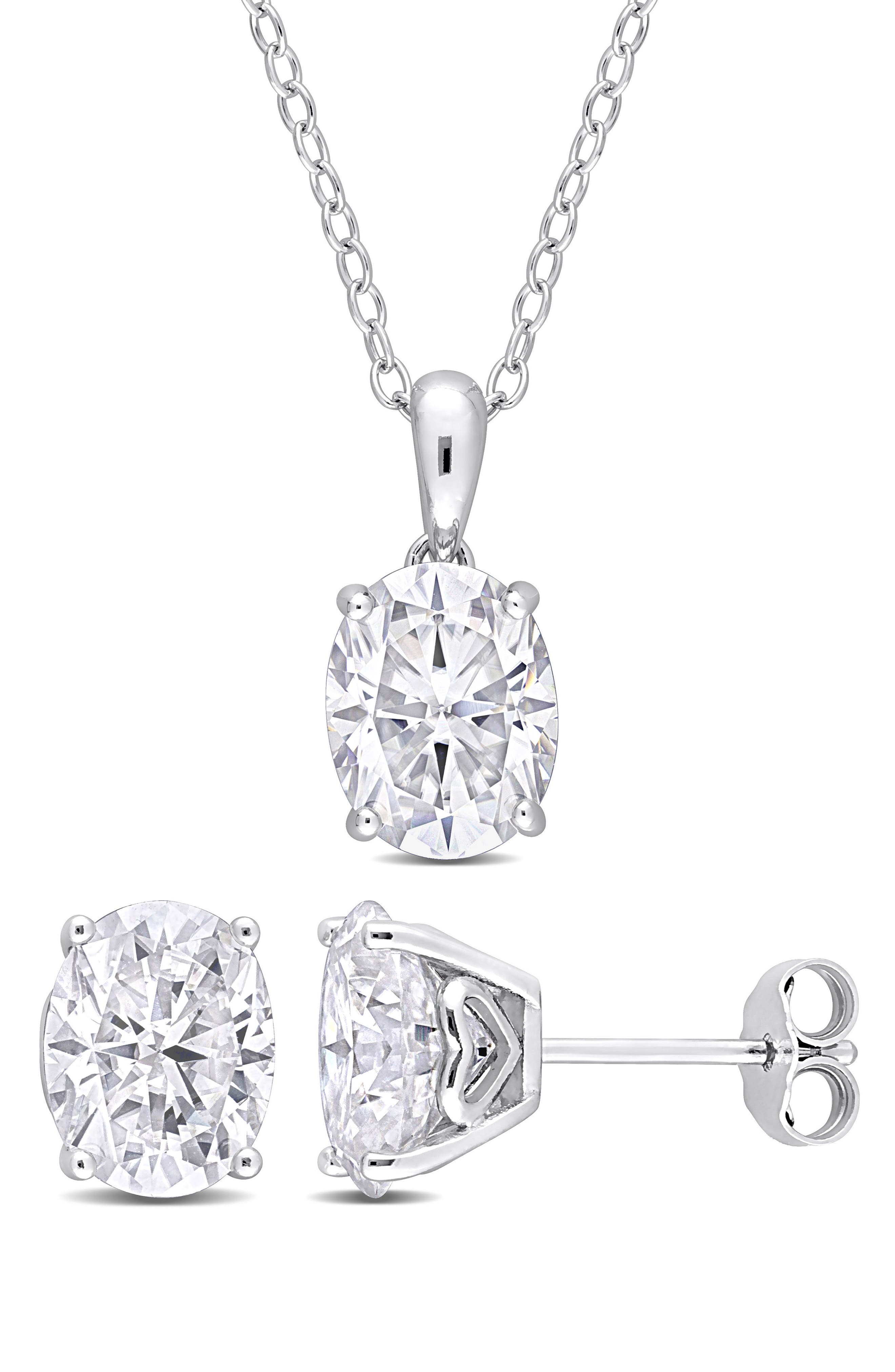 DELMAR Dew Oval Lab Created Moissanite Stud Earrings & Pendant Necklace Set
