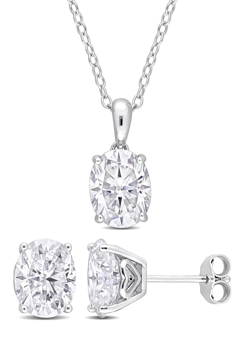 Dew Oval Lab Created Moissanite Stud Earrings & Pendant Necklace Set, Main, color, SILVER