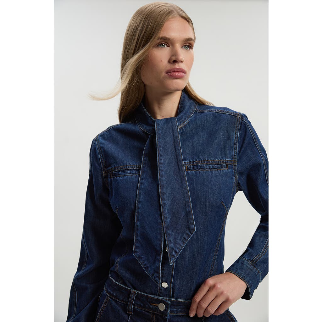 Karen Millen Denim Pussybow Blouse In Blue