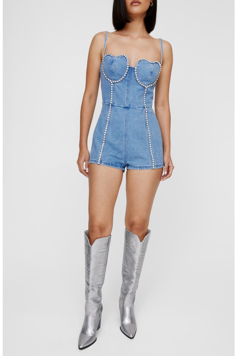 Heart Embellished Bustier Denim Romper, Main, color, AUTHENTIC MIDWASH
