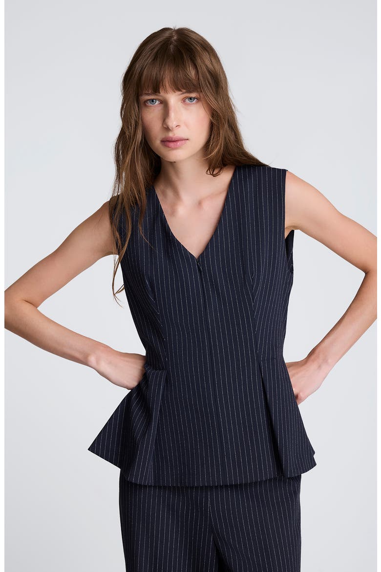 Pinstripe V-Neck Peplum Top, Alternate, color, DK NAVY/ PURE WHT MLT