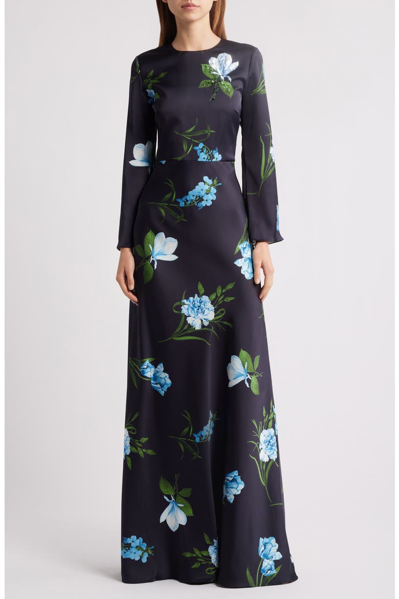 Alex Sequin Floral Long Sleeve Satin Crepe Gown, Main, color, NIGHT SKY BLUE OCULATA