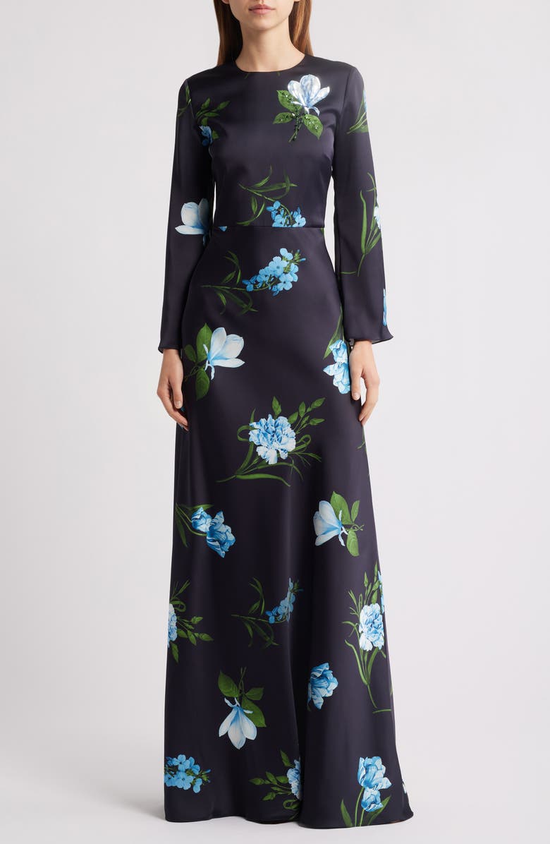 Sachin & Babi Alex Sequin Floral Long Sleeve Satin Crepe Gown, Main, color, Night Sky Blue Oculata