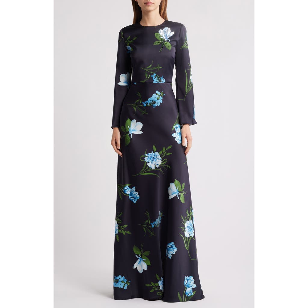 Sachin & Babi Alex Sequin Floral Long Sleeve Satin Crepe Gown in Night Sky Blue Oculata  product