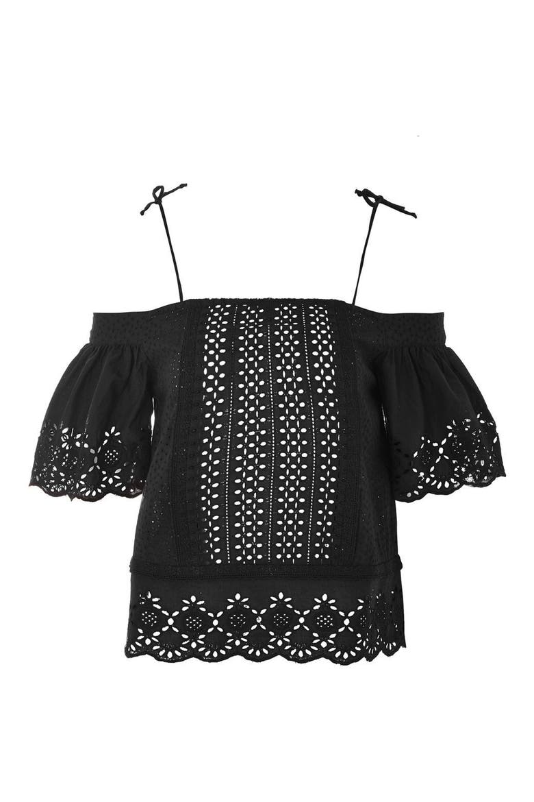 Broderie Bardot Top, Alternate, color, BLACK