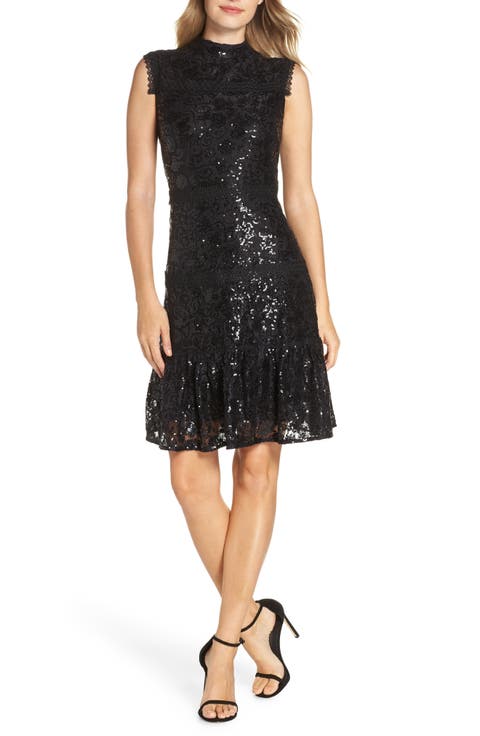 Sequin Lace Ruffle Hem Dress