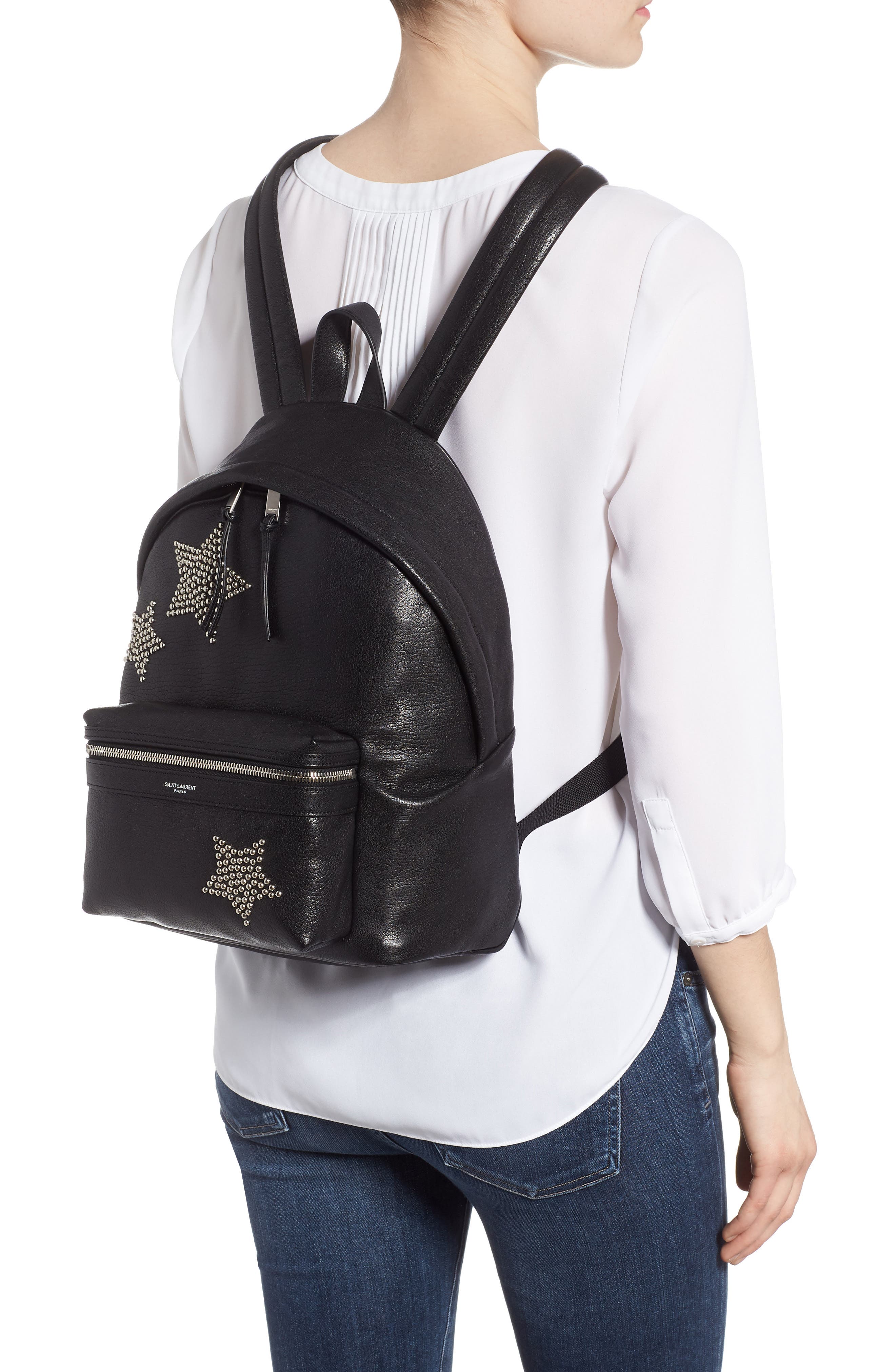 Saint Laurent Mini City Stars Leather Backpack, Alternate, color, 