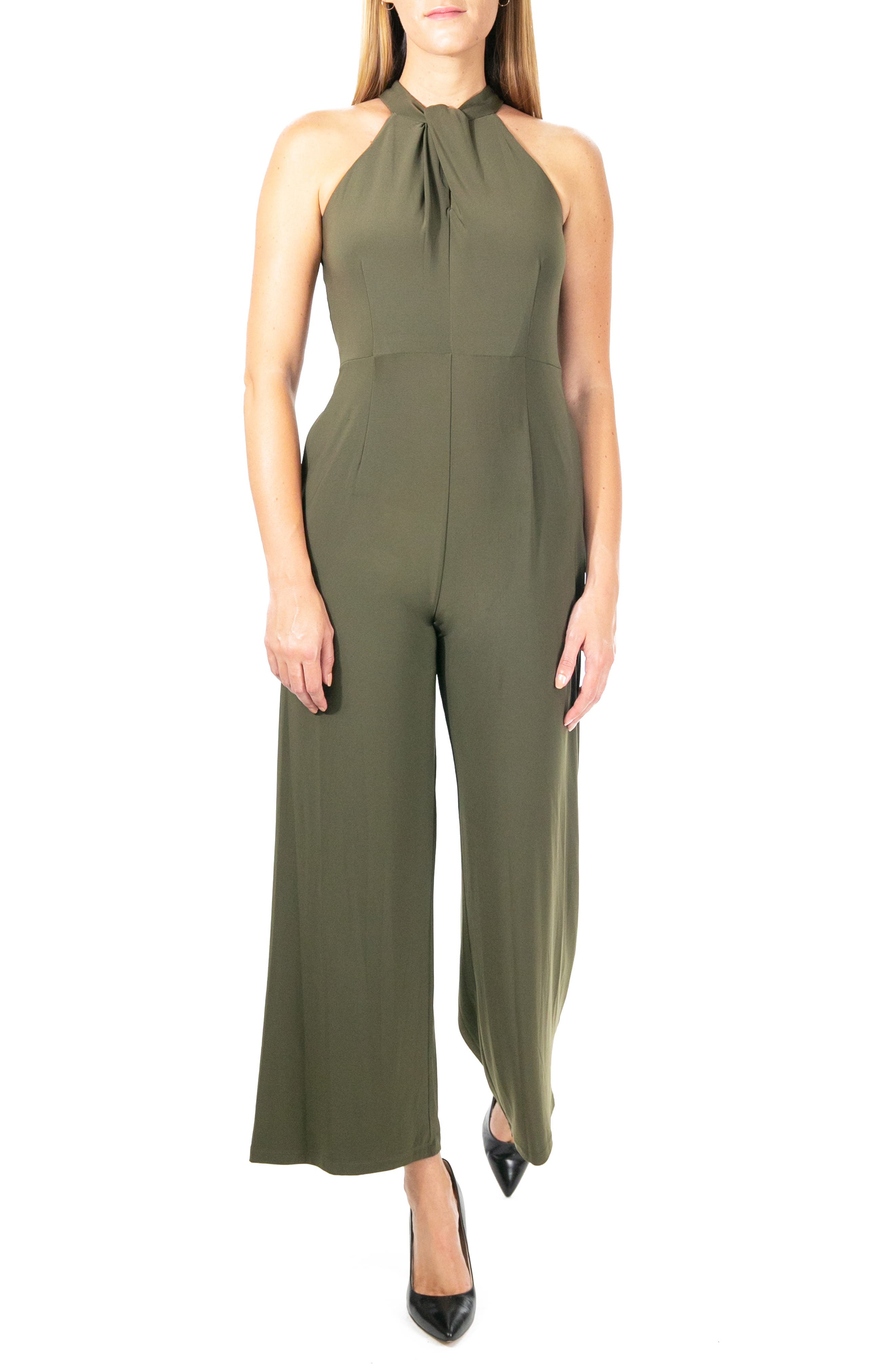Nina Leonard Twist Halter Knit Jumpsuit