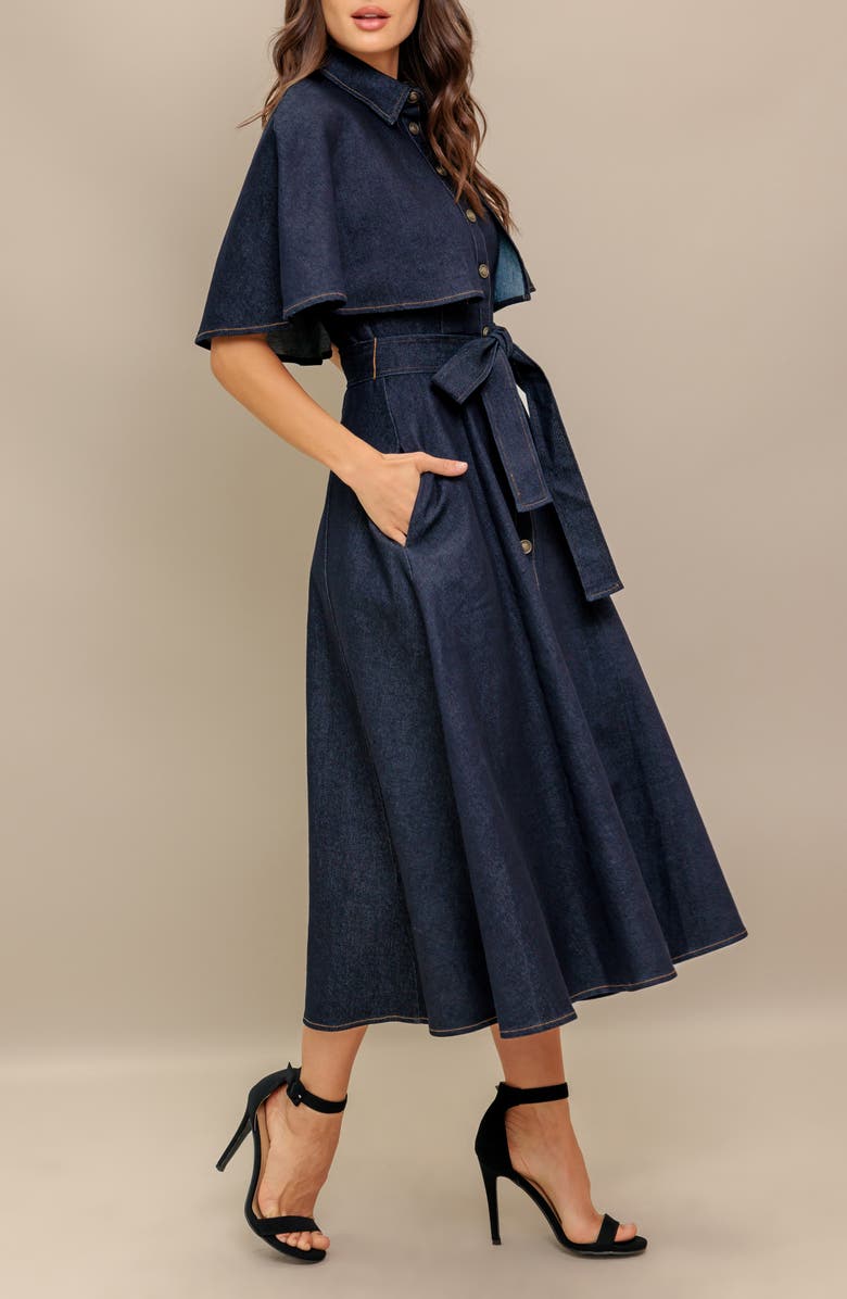 FLYING TOMATO Cape Sleeve Denim Midi Shirtdress, Alternate, color,