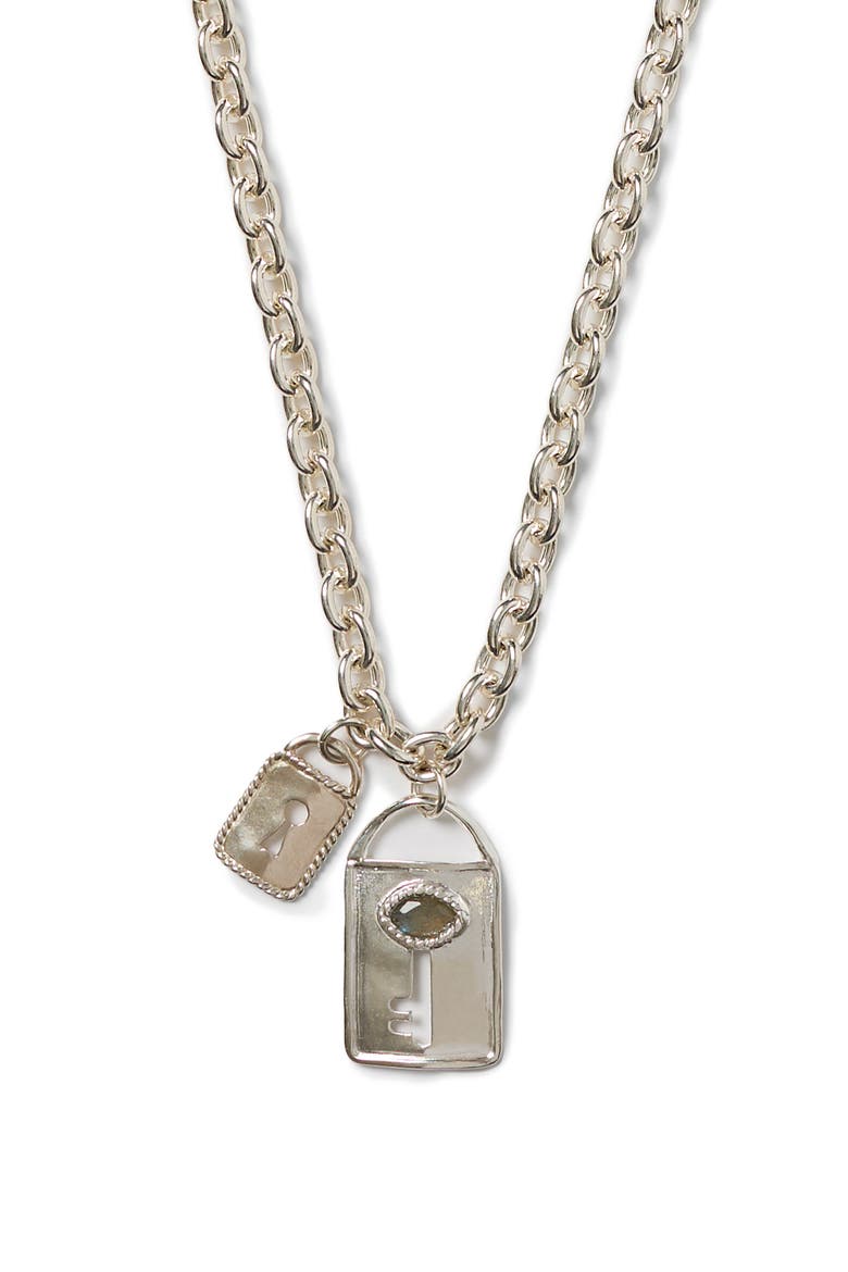 Double Lock Charm Necklace, Alternate, color, SILVER