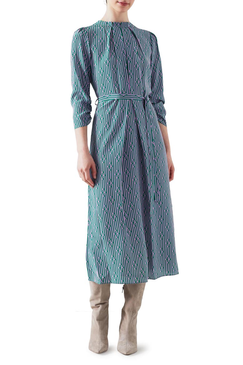 Brigette Malachite Stripe Tie Waist Silk Midi Dress, Main, color, MALACHITE / VIOLET