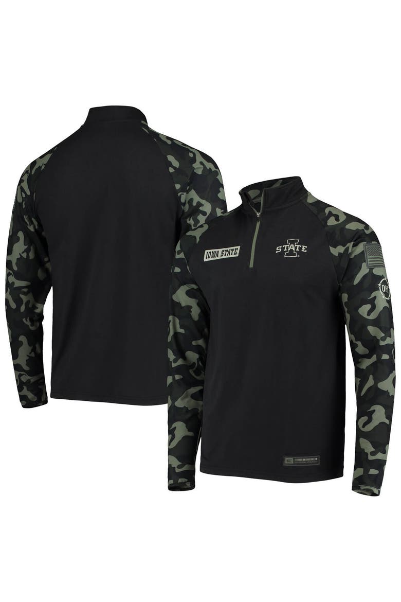 Men's Colosseum Black/Camo Iowa State Cyclones OHT Military Appreciation Take Flight Raglan Quarter-Zip Jacket, Main, color, Black