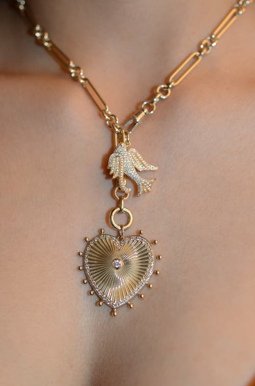 Shop Lionheart 14k Gold Cassandane Large Heart & Lovey Baby Bird Trombone Necklace