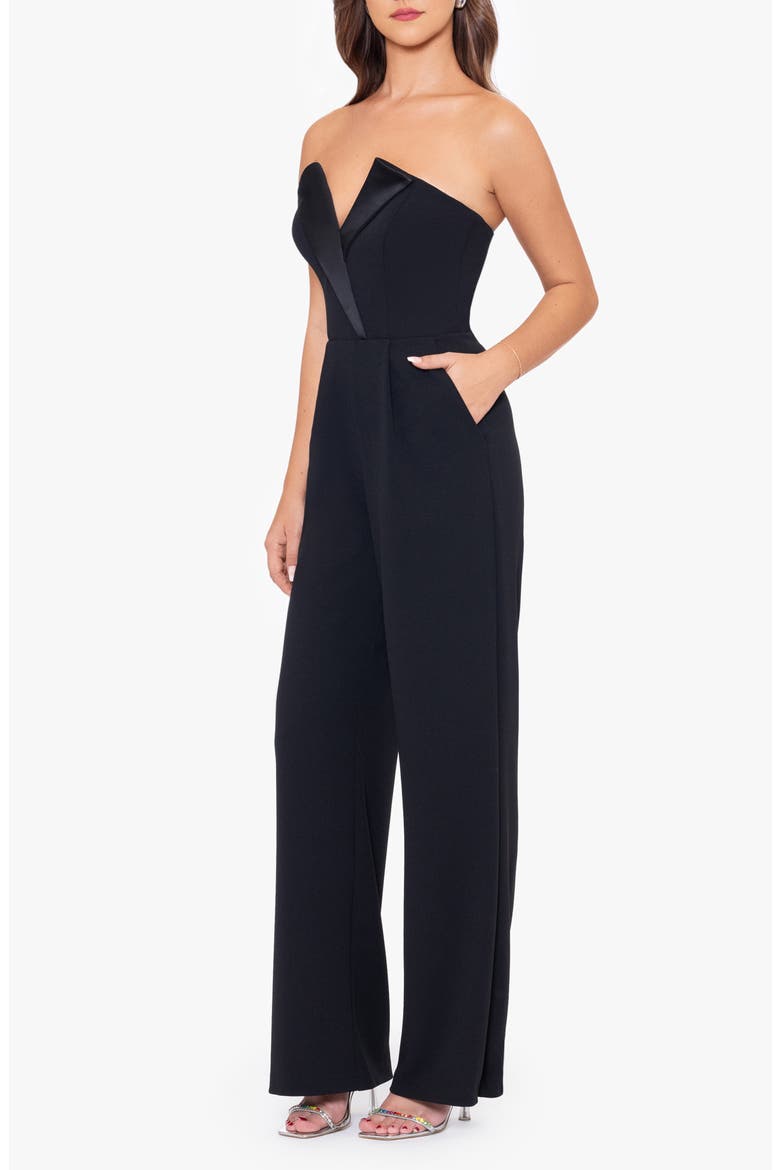Tux Strapless Scuba Crepe Jumpsuit, Alternate, color, BLACK/ BLACK
