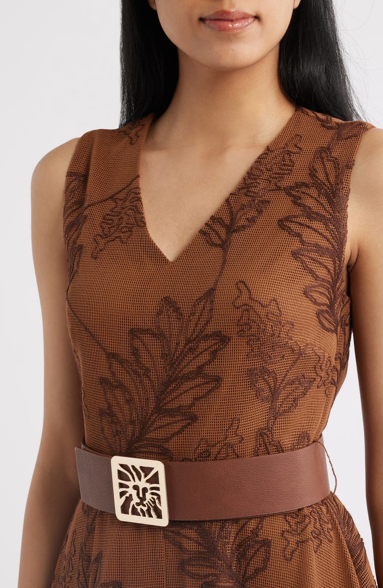 Anne Klein Embroidered Belted Fit & Flare Midi Dress, Alternate, color, Chili