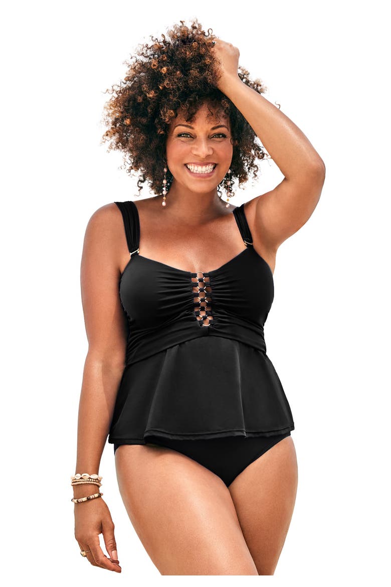 Underwire Shirred Ring Bandeau Tankini Top, Main, color, Black