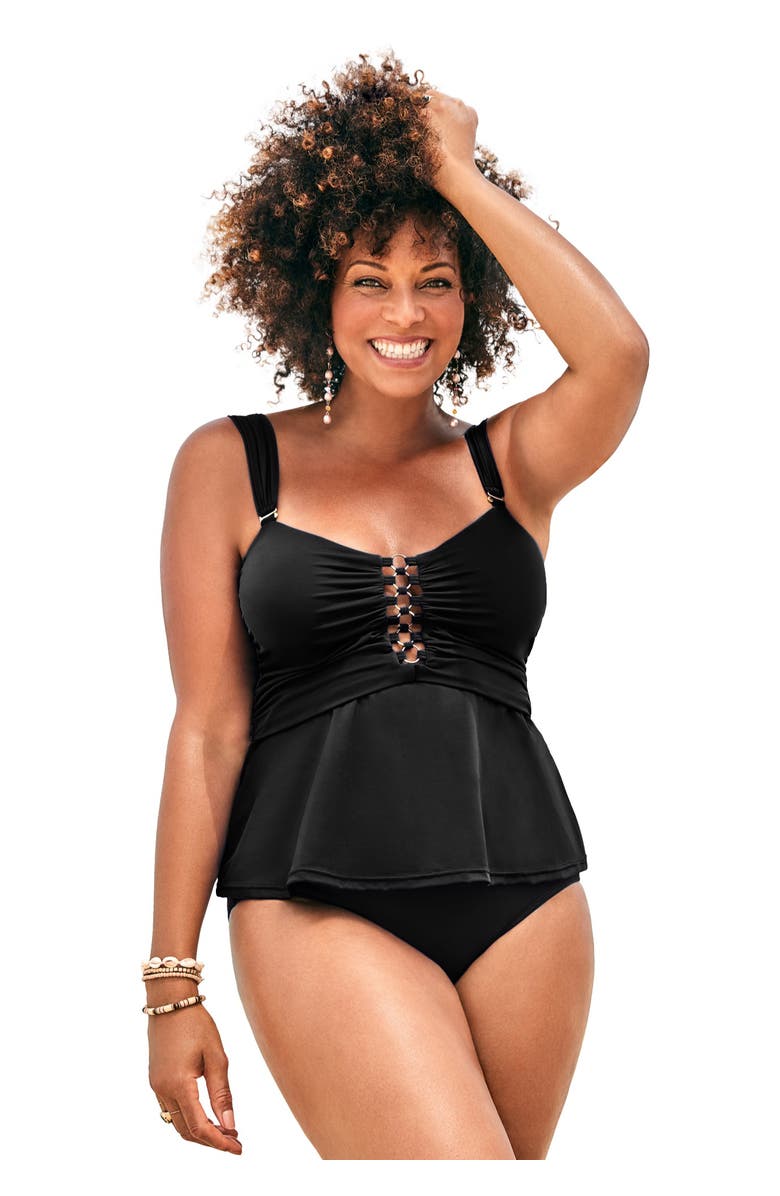 Swimsuits for All Underwire Shirred Ring Bandeau Tankini Top, Main, color, Black