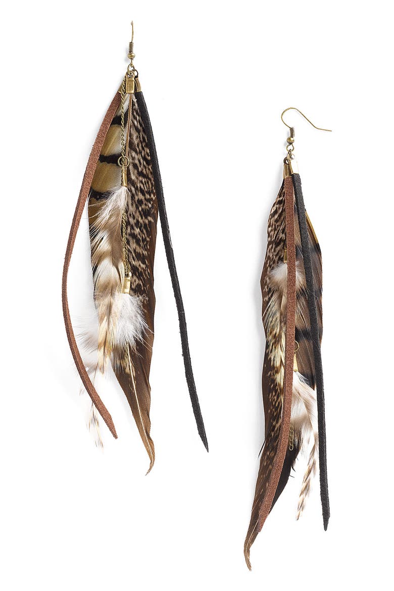 Tufted Feather Earrings, Main, color, BROWN MULTI