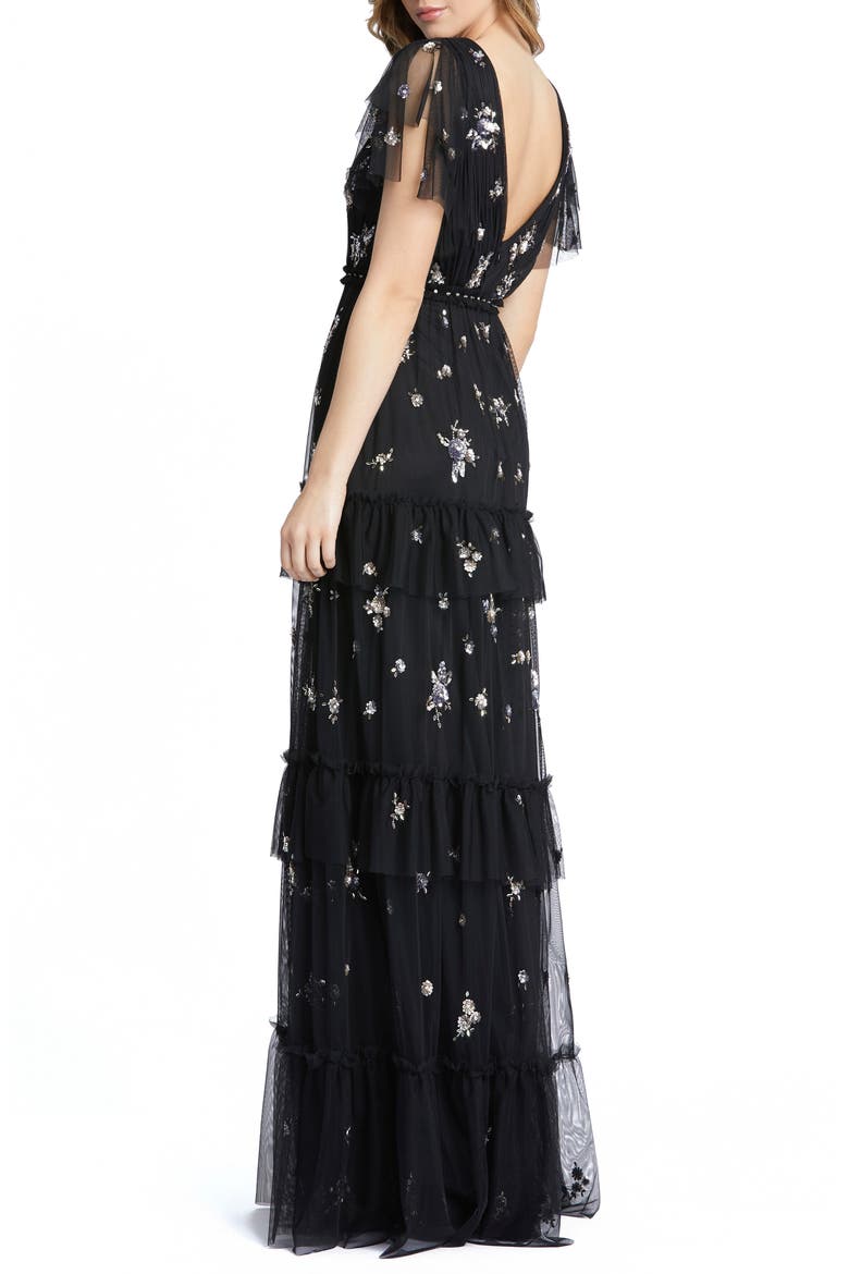 Sequin Tiered Flutter Sleeve Gown, Alternate, color, BLACK
