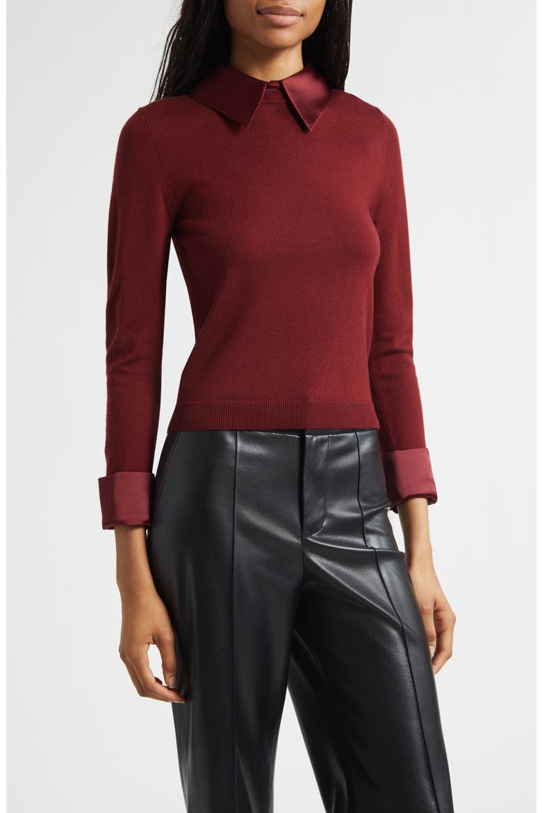 Porla Collared Mixed Media Silk Sweater, Main, color, OXBLOOD