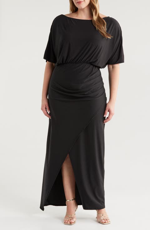 Batwing Sleeve Front Slit Jersey Dress (Plus)