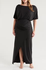 24seven Comfort Apparel Batwing Sleeve Front Slit Jersey Dress