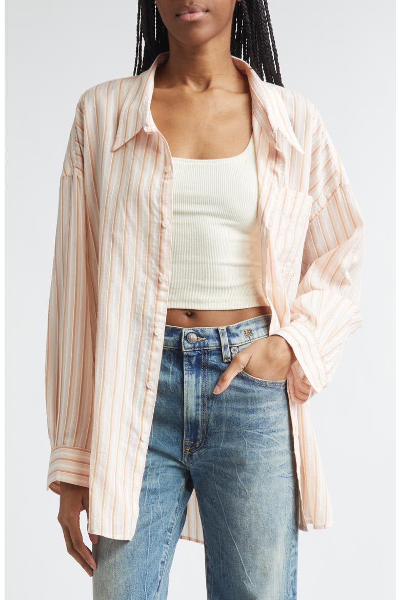 Drop Neck Stripe Cotton & Silk Blend Button-Up Shirt, Alternate, color, LIGHT PINK STRIPE