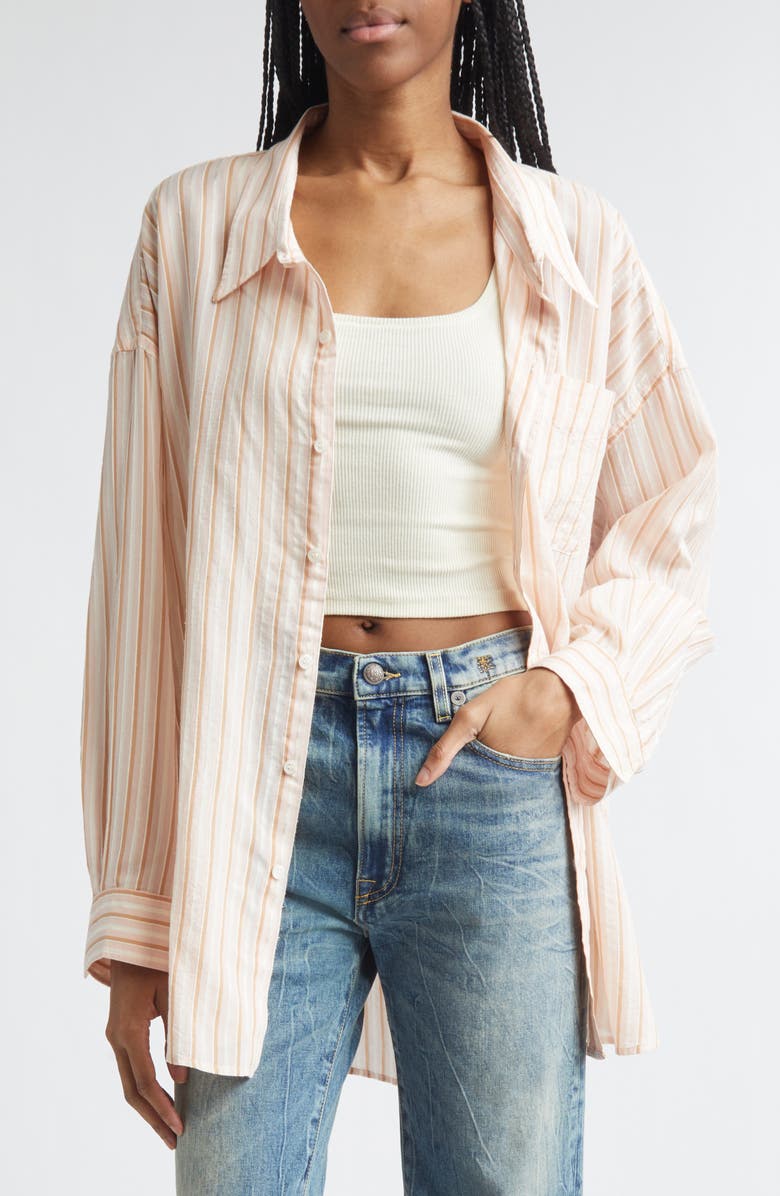 R13 Drop Neck Stripe Cotton & Silk Blend Button-Up Shirt, Alternate, color, Light Pink Stripe