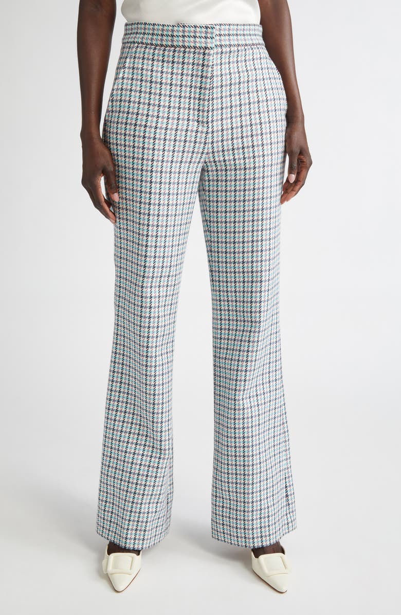 ST. JOHN Houndstooth Stretch Cotton Flare Leg Pants, Main, color, Tropical Blue/ Ivory Multi