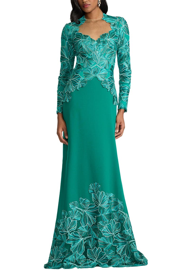 Embroidered Detail Long Sleeve Gown, Alternate, color, EMERALD