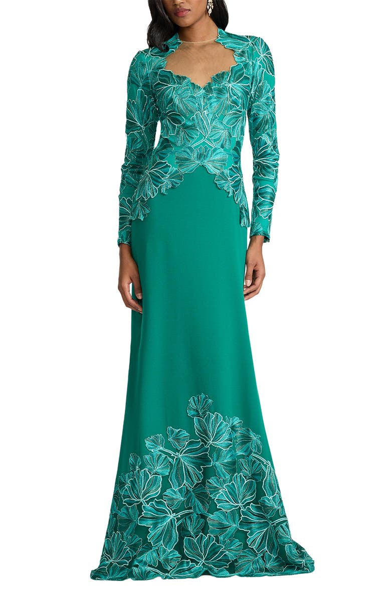 Tadashi Shoji Embroidered Detail Long Sleeve Gown, Alternate, color, Emerald
