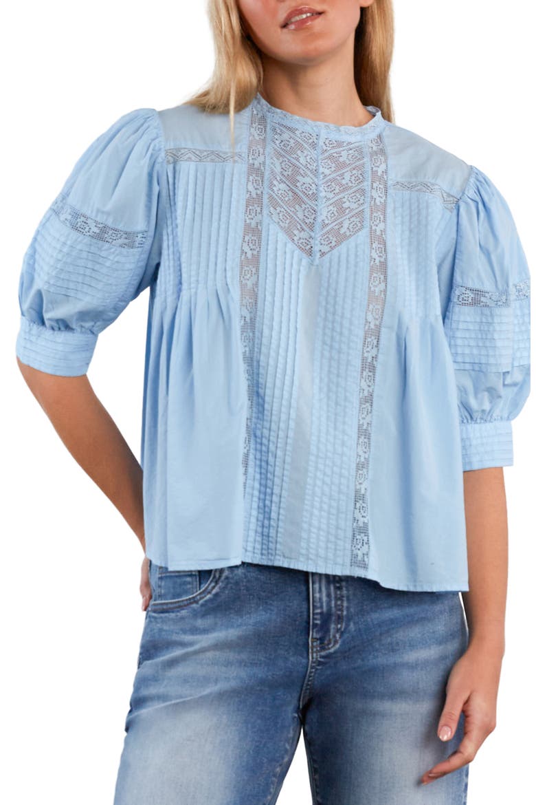 Charmalace Pintuck Lace Inset Cotton Blend Top, Main, color, CERULEAN BLUE