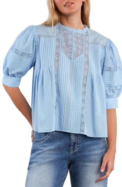 Charmalace Pintuck Lace Inset Cotton Blend Top