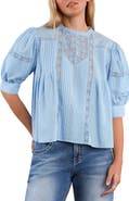 Wash Lab Denim Charmalace Pintuck Lace Inset Cotton Blend Top