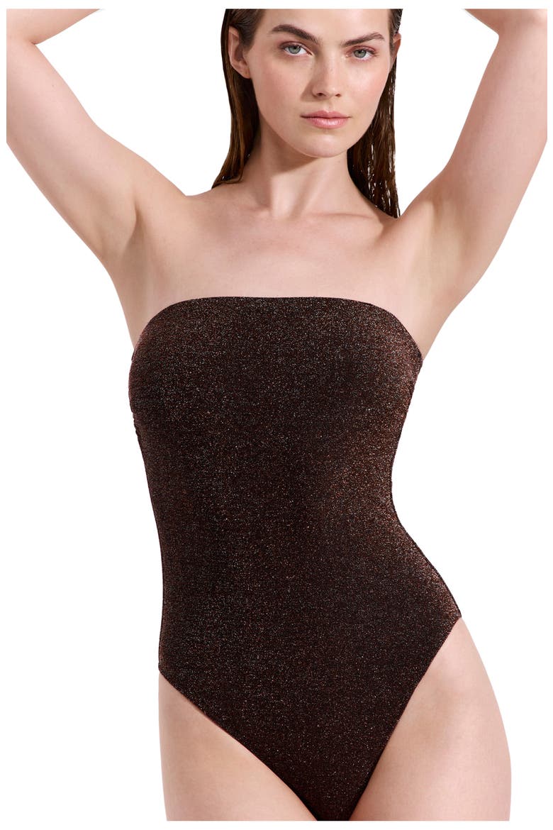 Luna Textured Shimmer Bandeau One Piece, Alternate, color, Brown