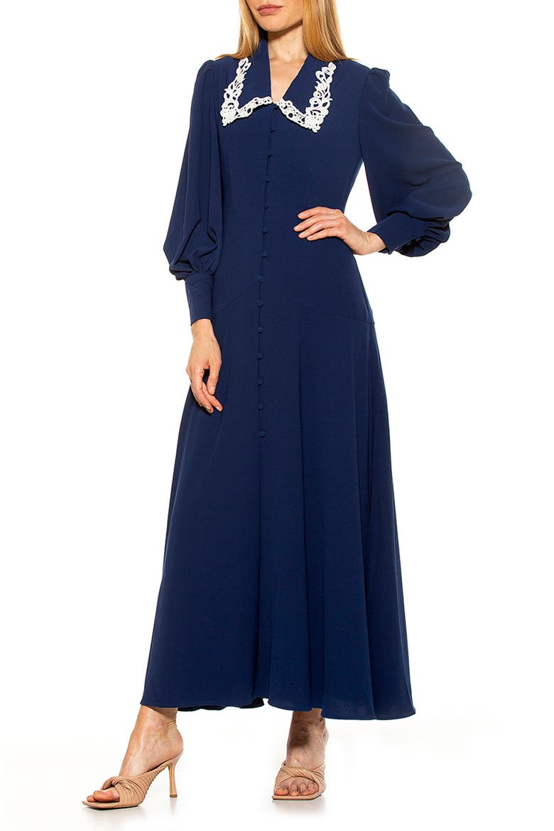 Lace Trim Collar Long Blouson Sleeve Maxi Dress, Alternate, color, NAVY/ IVORY