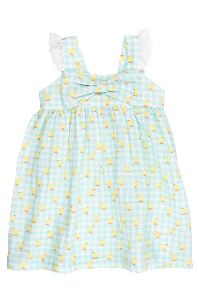 RuffleButts Cotton Gauze Flutter Bow Woven Dress, Main, color, Chirping Chicks Gingham