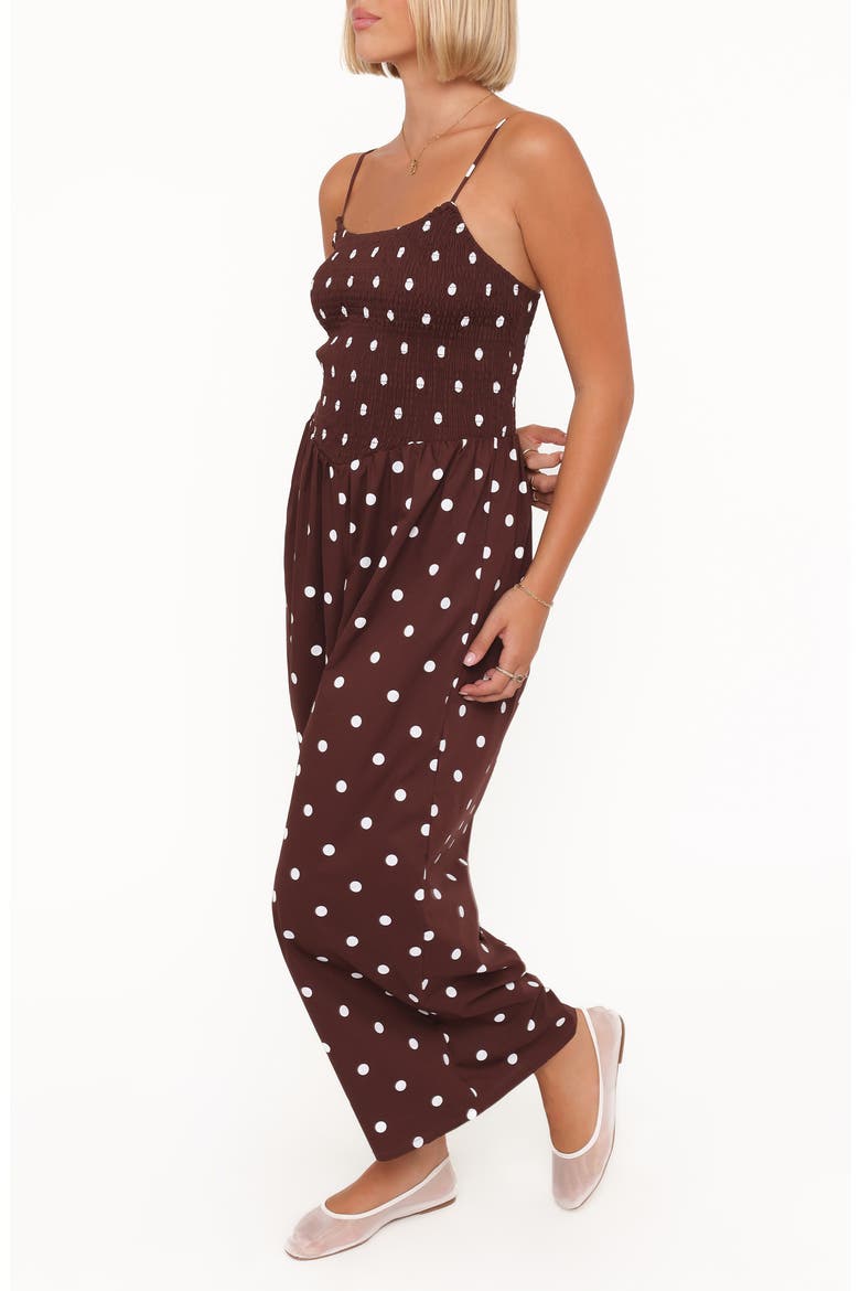 Paloma Polka Dot Smocked Jumpsuit, Alternate, color, CHOCOLATE POLKA DOT