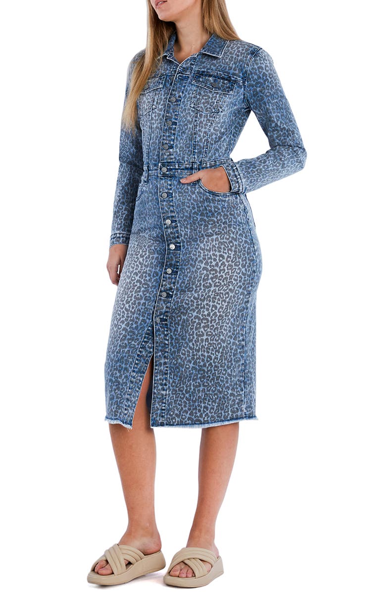 Wash Lab Denim Animal Print Long Sleeve Denim Trucker Shirtdress, Main, color, Denim Leopard