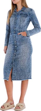 Wash Lab Denim Animal Print Long Sleeve Denim Trucker Shirtdress