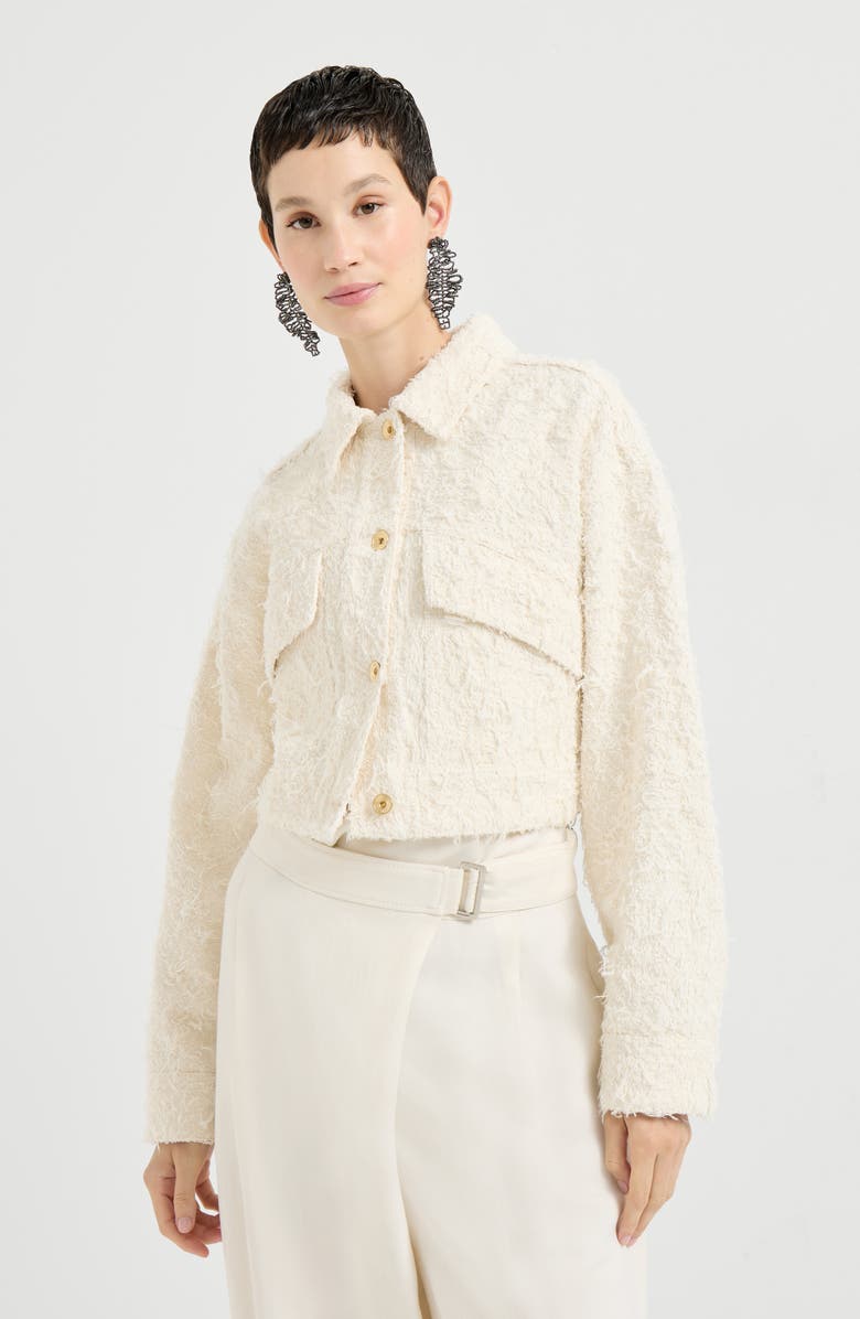 Brunello Cucinelli Fuzzy denim outerwear jacket, Alternate, color, Ivory