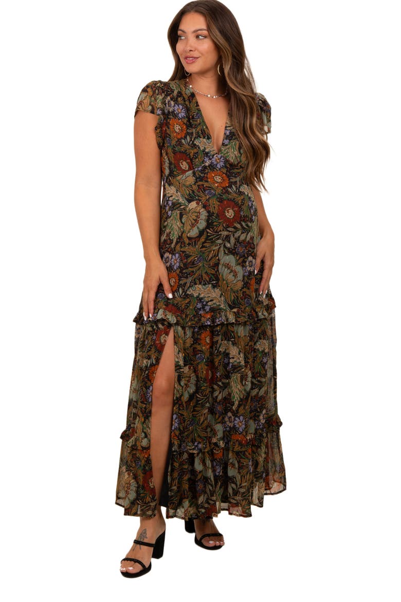 Floral Deep V-Neck Tiered Maxi Dress, Main, color, Black