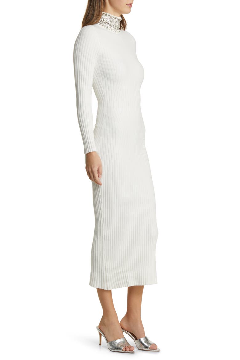 Crystal Neck Long Sleeve Rib Midi Dress, Alternate, color, WHITE