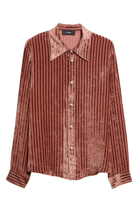 Stripe Wool & Silk Velvet Button-Up Shirt