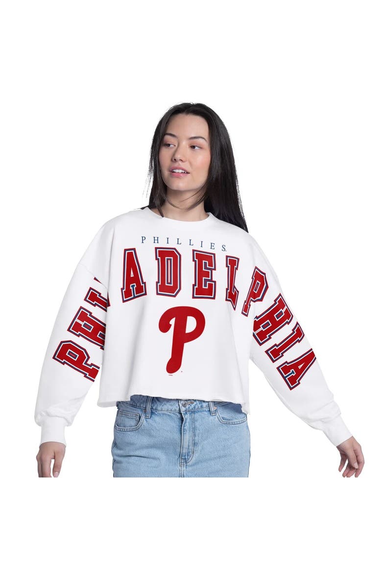 Women's G-III 4Her by Carl Banks White Philadelphia Phillies Bleachers Cropped Pullover Sweatshirt, Main, color, White