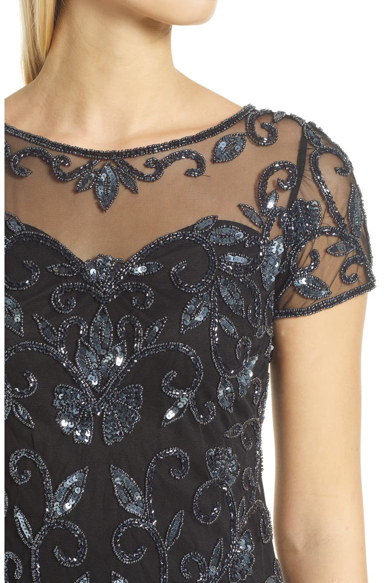 Illusion Beaded Cocktail Dress, Alternate, color, BLACK/ GUN